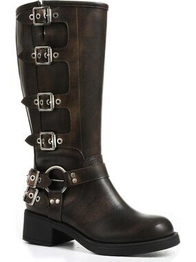Womens Dark Brown Wide Calf Riding Buckles Chunky Metallic Knee High Casual Boot